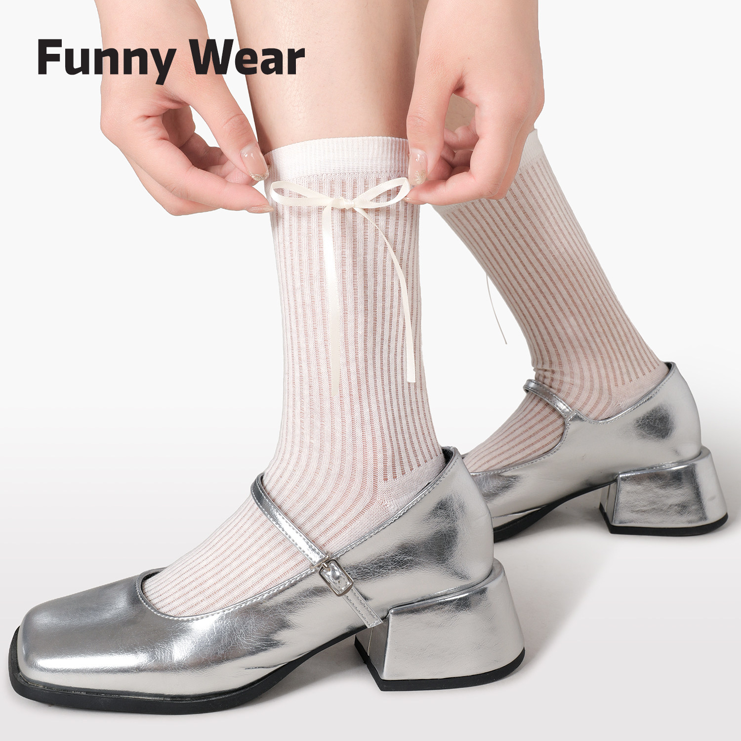 白色蝴蝶结袜子女春秋miu系中筒棉袜秋季配小皮鞋芭蕾风堆堆袜棉