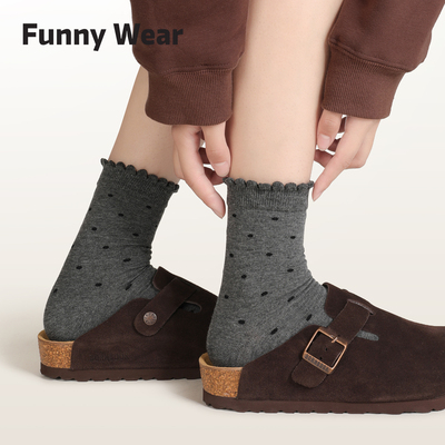 灰色袜子女秋冬中筒袜波点木耳边