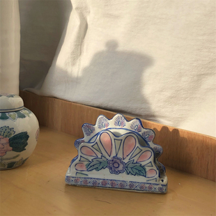 复古老货手绘釉下彩展示架展示牌底座名片夹陶瓷广告标签架留言夹