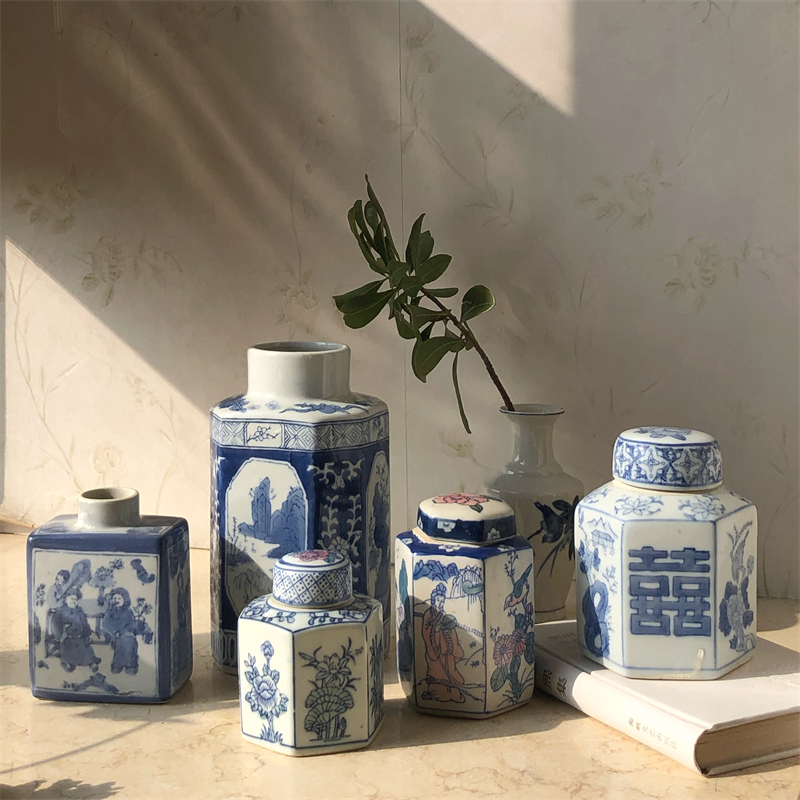 老货釉下粉彩青花茶叶罐软装饰品
