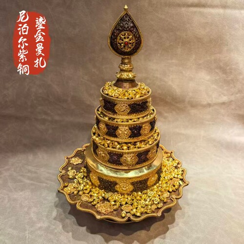 智悲佛缘 尼伯尔手工紫铜 鎏金曼扎盘 曼茶罗修盘直径13cm
