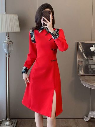 新中式连衣裙女春2024新款收腰显瘦高级感红色拜年服开叉裙子气质