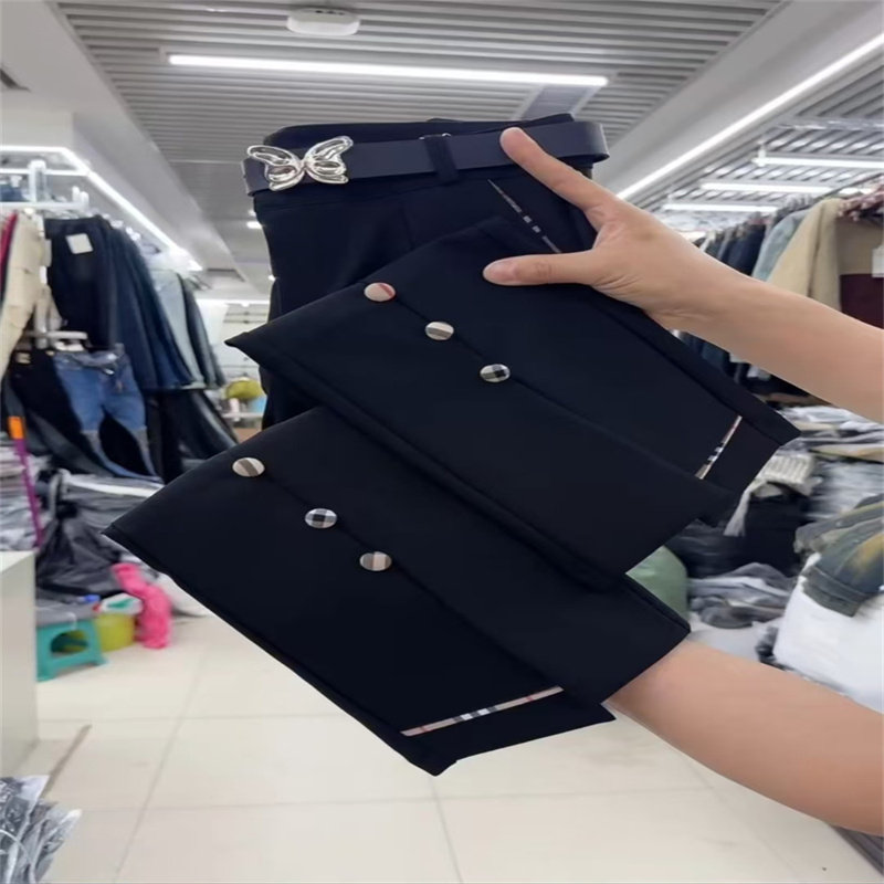 国风黑色修身时尚显瘦西装裤2025四季新款百搭微喇裤九分开衩女裤