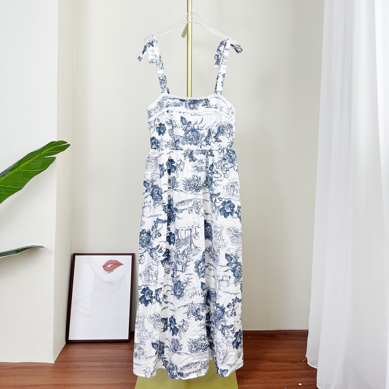 ALTAR'D STATE连衣裙纯元春夏新款白蓝印花全棉吊带长裙