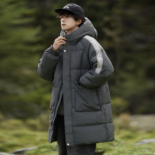羽绒服男2025新款冬季中长款加厚白鸭绒保暖连帽御寒三条杠外套潮