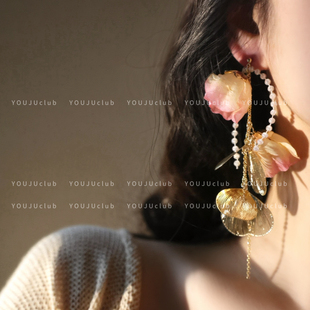 邮橘-花自飘零~温柔超仙女粉色花朵夸张流苏高级耳环蚊香盘耳夹