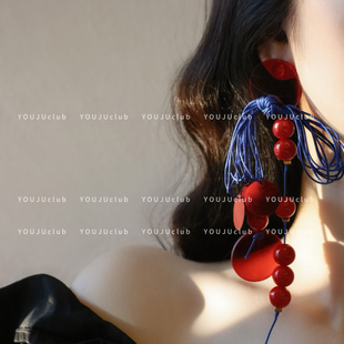 YOUJUclub-永夜华章~复古夸张撞色红蓝色蝴蝶结长耳环蚊香盘耳夹