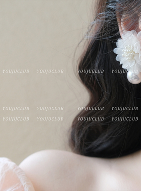 YOUJUclub-静谧浪漫~法式温柔白色花朵纱布珍珠耳环蚊香盘耳夹女