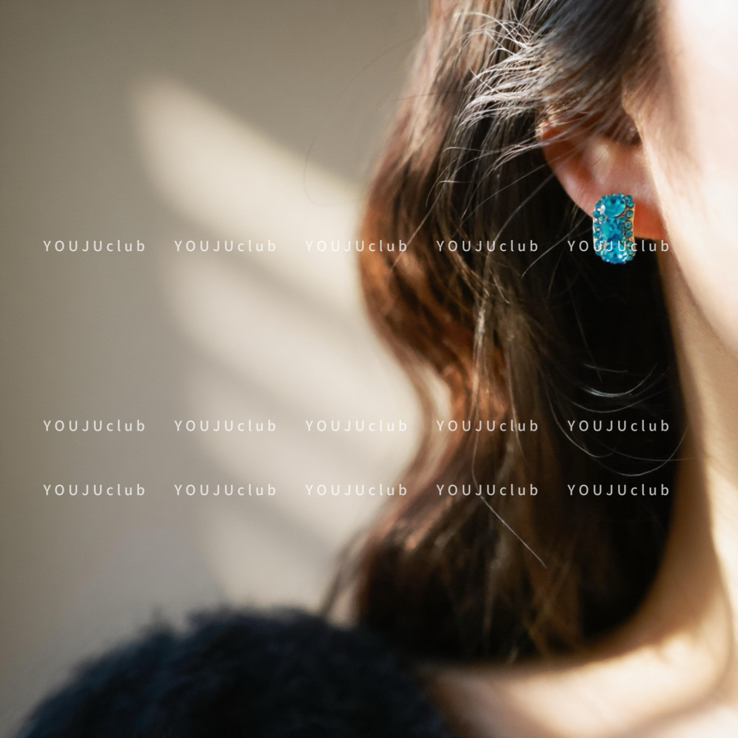 YOUJUclub-蓝色暮光~高级感轻奢气质闪钻精致水晶耳钉蚊香盘耳夹