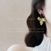 YOUJUclub 高级感金色花朵轻奢气质设计感黑色耳环耳夹 山茶夜色