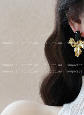 YOUJUclub-山茶夜色~高级感金色花朵轻奢气质设计感黑色耳环耳夹