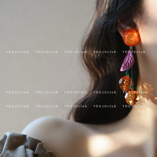YOUJUclub-橘子岛~日系复古夸张橘色果实叶子甜美耳环蚊香盘耳夹