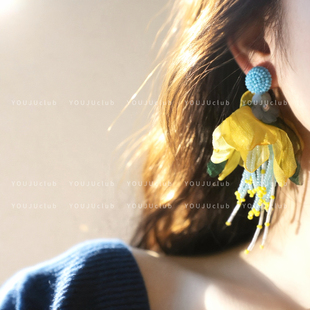 花间浮世～黄色氛围感度假风波西米亚夸张雪纺布艺耳环蚊香盘耳夹