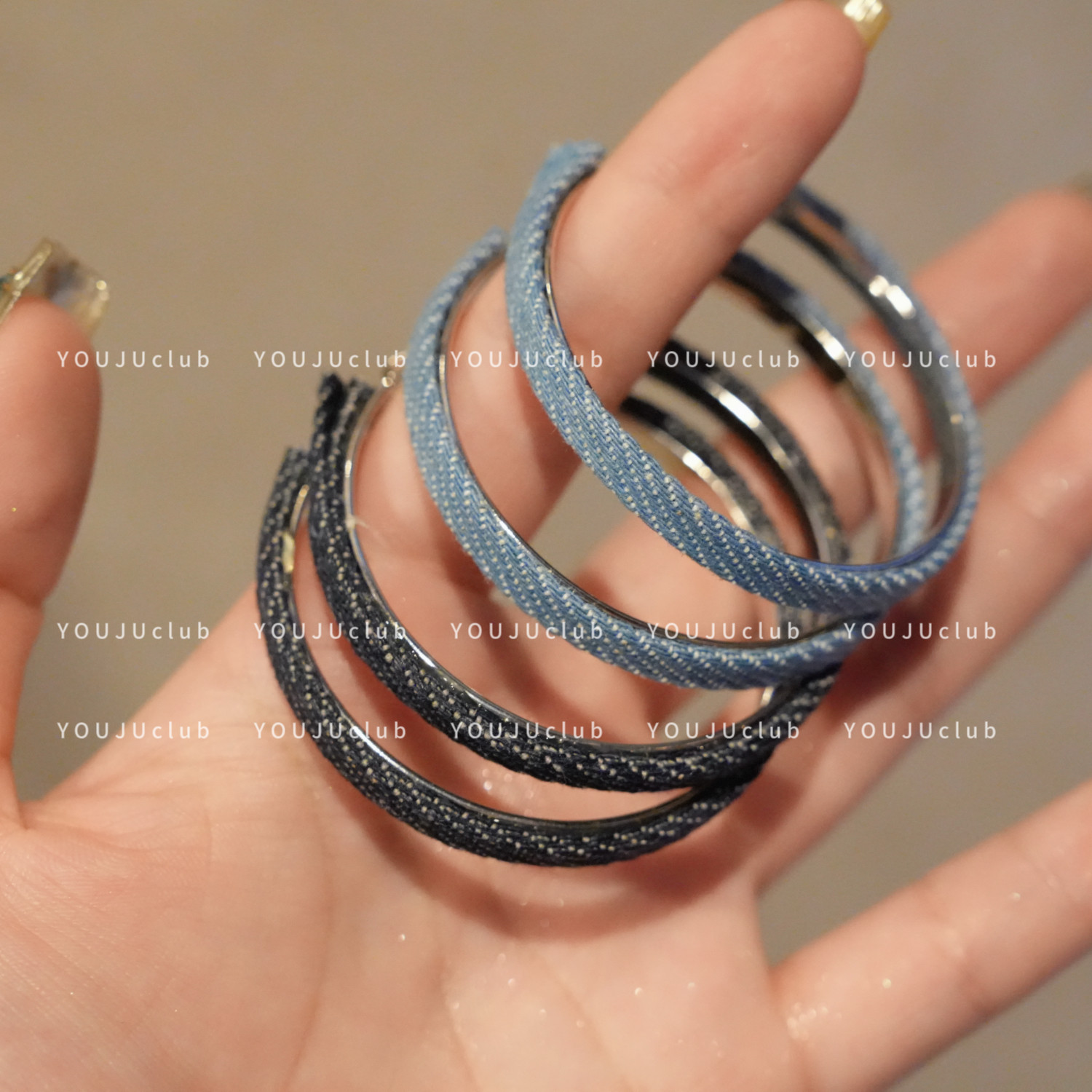 YOUJUclub-古早感~日韩夸张蓝色牛仔布圆圈耳圈复古港风耳环耳夹,饰品/流行首饰/时尚饰品新,耳环,淘宝优惠券,粉丝福利购,淘宝优惠卷