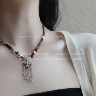YOUJUclub-名族风情~如意锁串珠藏式复古流苏项链异域锁骨链颈链