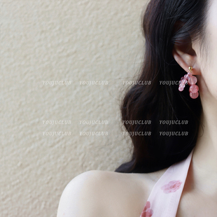 YOUJUclub-宛若幽兰 清透串珠温柔甜美显白粉色绿耳环蚊香盘耳夹