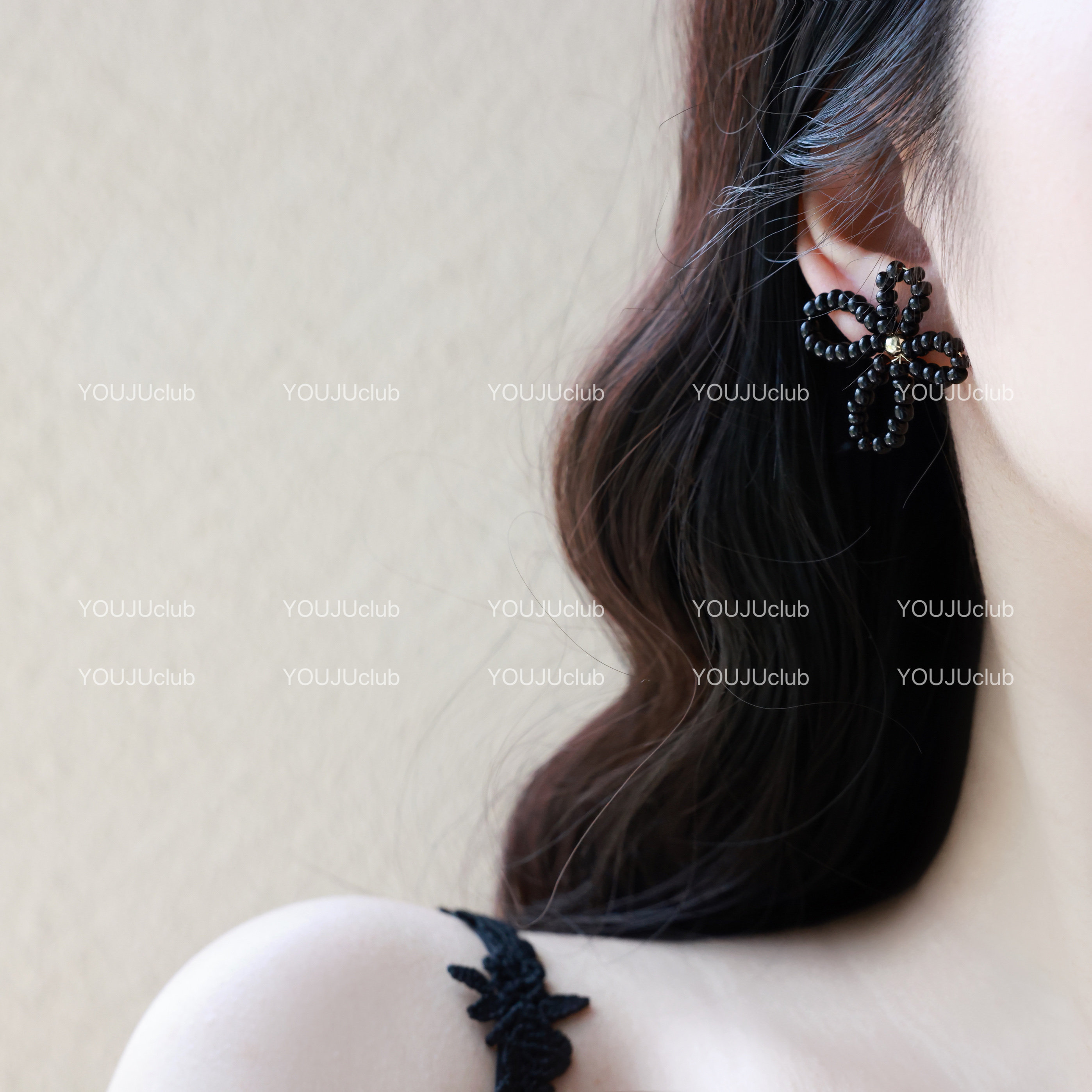 YOUJUclub-暗夜甜心~韩系黑色串珠镂空花朵小众高级感耳钉耳夹女,饰品/流行首饰/时尚饰品新,耳环,淘宝优惠券,粉丝福利购,淘宝优惠卷