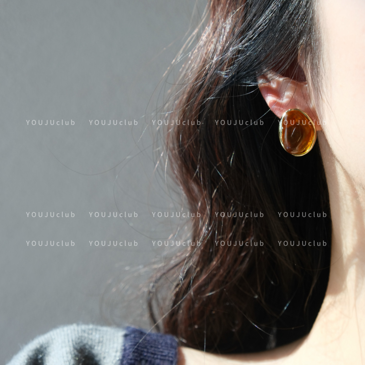 YOUJUclub-中古玛格丽～咖色复古几何椭圆形琥珀色耳环蚊香盘耳夹