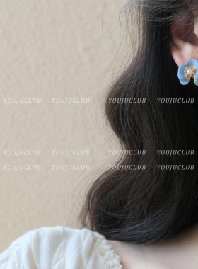 YOUJUclub-晚樱珞~法式温柔珐琅小巧蓝色花朵小众设计感耳钉耳夹
