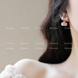 YOUJUclub-海派甜心~粉色可爱蝴蝶结樱桃小巧少女心萌妹耳钉耳夹