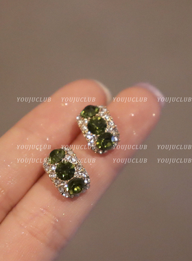 YOUJUclub-赴约~韩国小众橄榄绿色耳钉复古c型闪钻耳环蚊香盘耳夹