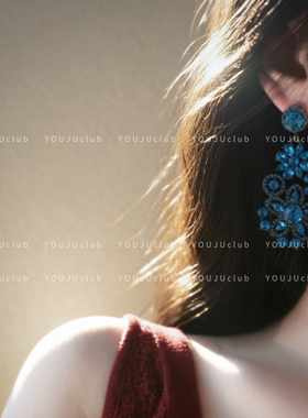 邮橘-蓝絮纭～贵气轻奢蓝色镶钻复古异域风情气质女神耳环耳夹女