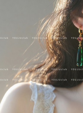 YOUJUclub-巴黎圣母院~高品质复古祖母绿色水滴耳环蚊香盘耳夹女