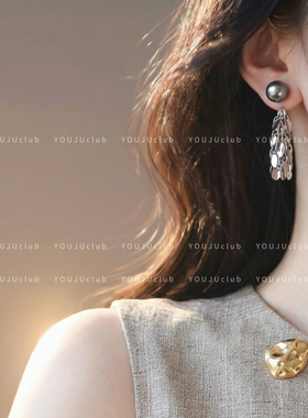 YOUJUclub-叶影～银色叶子流苏蚊香盘耳夹灰色珍珠显脸瘦气质耳环