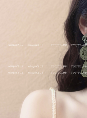 YOUJUclub-迷迭花情-新中式国风绿色镂空花朵名族风长款耳环耳夹