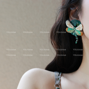 YOUJUclub-叙蝶~新中式复古绿色刺绣蝴蝶名族风耳环蚊香盘耳夹女