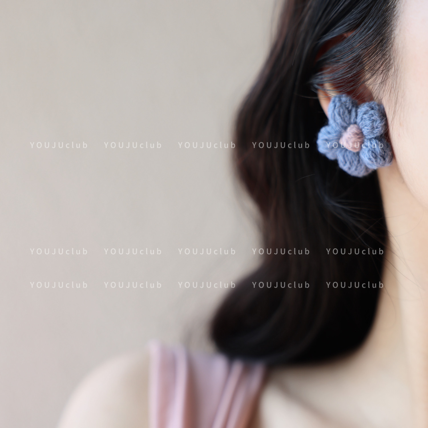 YOUJUclub-软软毛线~复古毛线花朵蓝色粉色冬日耳环蚊香盘耳夹女,饰品/流行首饰/时尚饰品新,耳环,淘宝优惠券,粉丝福利购,淘宝优惠卷