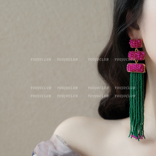 YOUJUclub-溺于美色~夸张大气显脸小个性玫红色串珠个性耳环耳夹