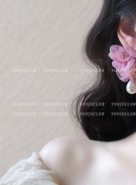 YOUJUclub-蔷薇盛放~温柔甜美夸张梅紫色大花朵珍珠纱布耳环耳夹