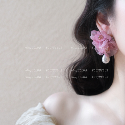 法式超仙氛围感山茶花绢纱耳钉