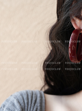 YOUJUclub-复古回溯~暗红色宽耳圈港风高级感气质夸张大耳环耳夹