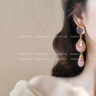 YOUJUclub-温婉女神~复古粉色少女琉璃水滴高级感夸张长耳环耳夹