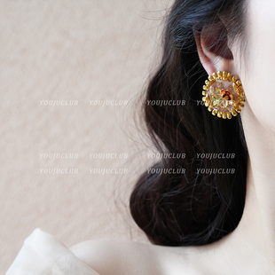 YOUJUclub-摩洛哥花园~轻奢法式高级感圆形金色花朵复古耳环耳夹
