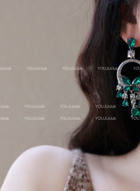 YOUJUclub-宝藏女孩~祖母绿色水滴钻优雅复古名族风高级耳环耳夹