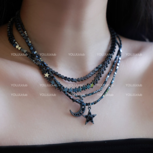 YOUJUclub 黑色星星月亮双层叠戴辣妹酷项链锁骨链女 戴点不一样