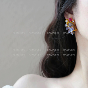 YOUJUclub-雨雾玫瑰~法式浪漫复古紫色花朵田园风高级感耳环耳夹