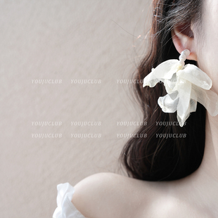 YOUJUclub-等风来~超仙温柔少女白色雪纺纱布珍珠度假耳环耳夹