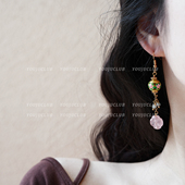 YOUJUclub 仙美复古景泰蓝粉色天然石花朵耳环蚊香盘耳夹 故山秋