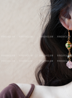 YOUJUclub-故山秋~仙美复古景泰蓝粉色天然石花朵耳环蚊香盘耳夹