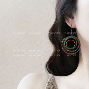 YOUJUclub-半城山水~做旧金属线条不规则圆形气质名族风耳环耳夹