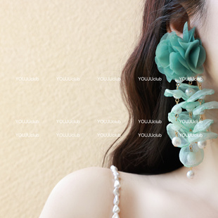 YOUJUclub-仙花落~度假风波西米亚海边夸张雪纺花朵黄色耳环耳夹