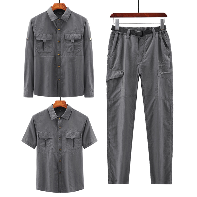 夏季户外速干宽松休闲衣裤套装男登山工装运动衬衫三件套多袋裤薄