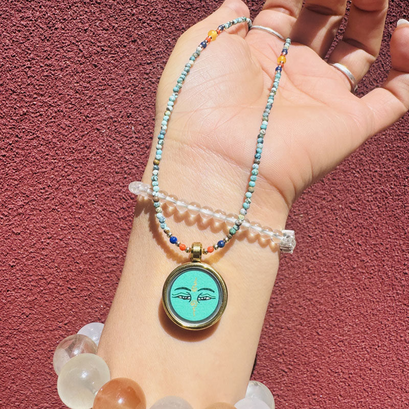 西藏礼物小米珠绿松石黄财神扎基拉姆手工唐卡吊坠毛衣链生肖太岁