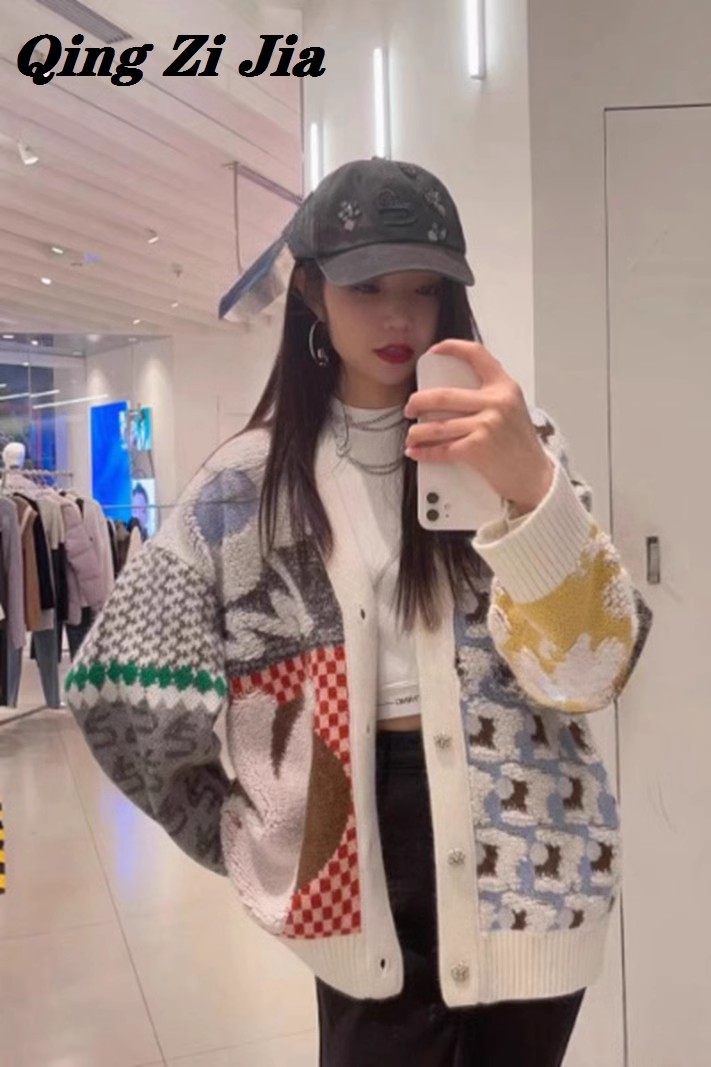 2024秋季新兔兔提花复古文艺织法拼接毛衣针织开衫女早秋外套女,女装/女士精品,毛衣,淘宝优惠券,粉丝福利购,淘宝优惠卷