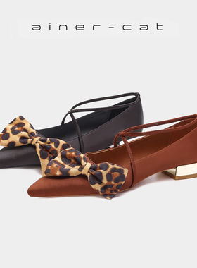 2026新款法式复古风豹纹蝴蝶结尖头低跟交叉带单鞋女不累脚平底鞋