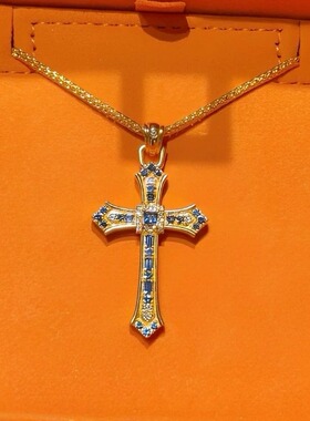 金包银工艺同款十字架项链点钻专柜款蓝钻吊坠毛衣链锁骨链送女友